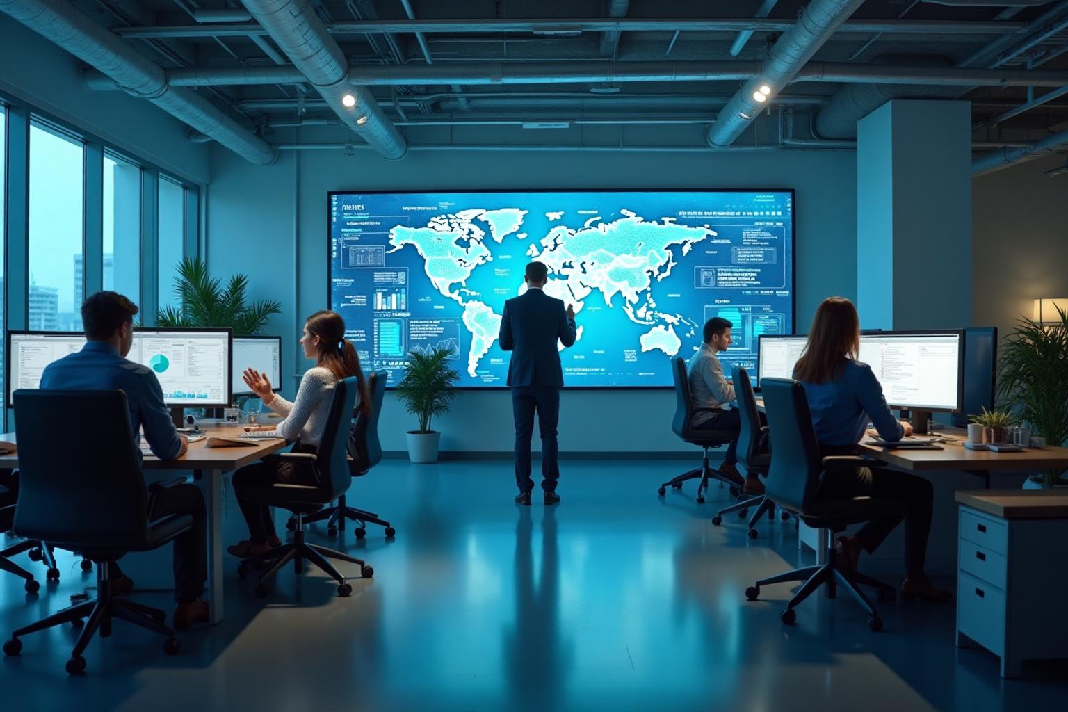 Executive consulting team analyzing operational efficiency and digital transformation data