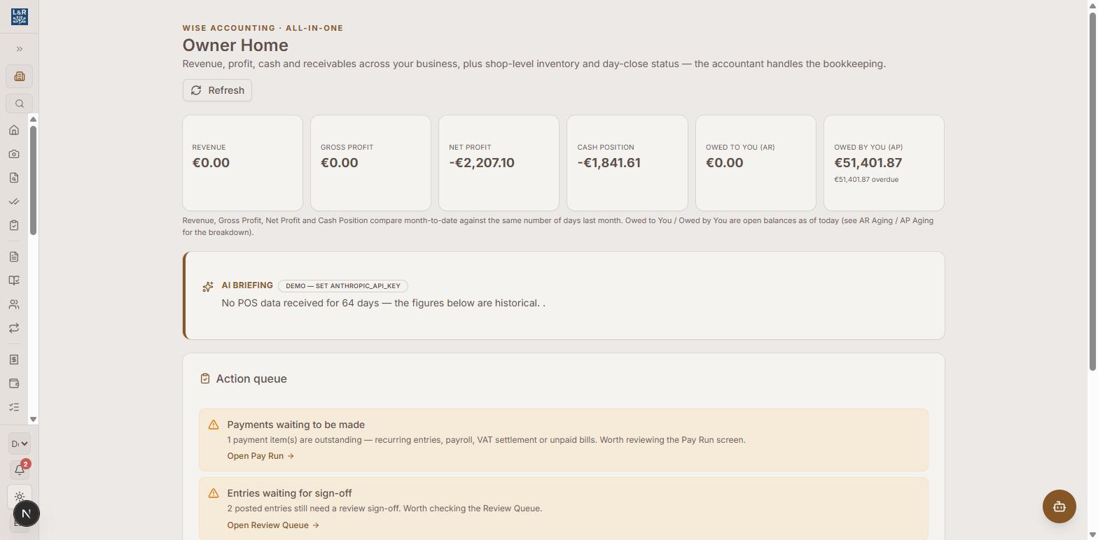 LR-ERP owner dashboard with AI cash briefing and action queue