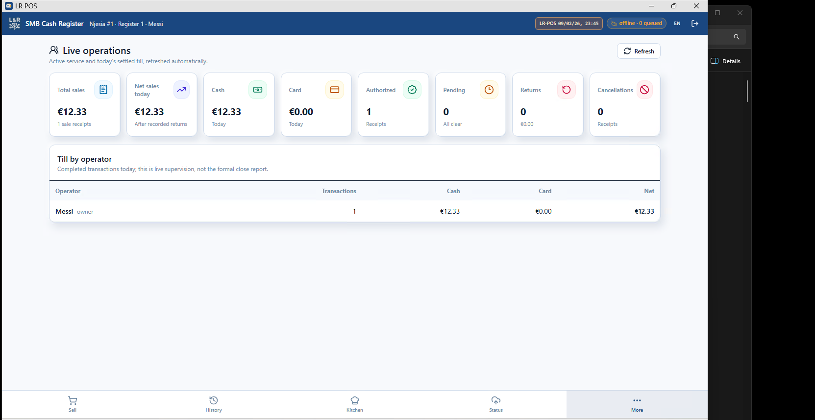 LR-POS live operations dashboard showing daily totals