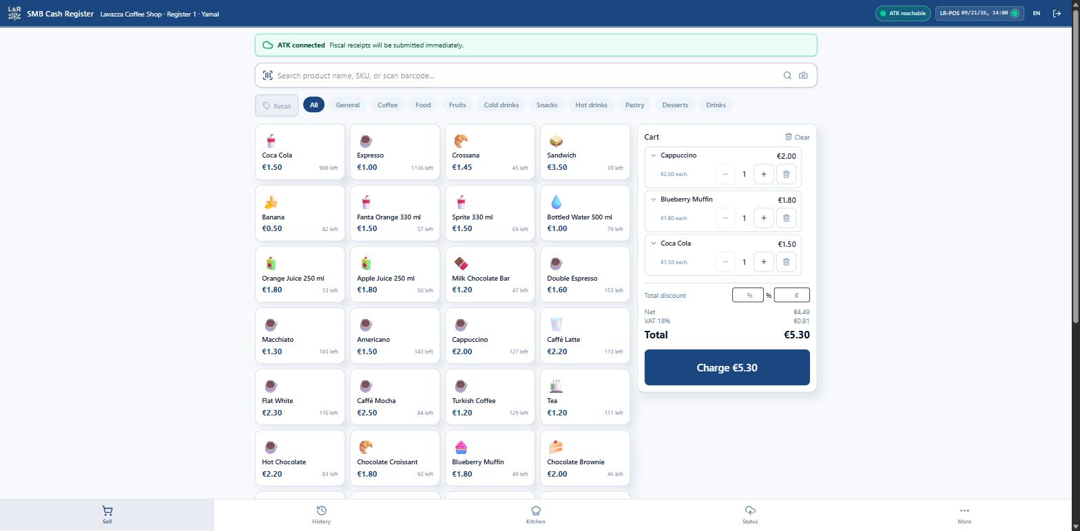 LR-POS sell screen with product tiles and live cart